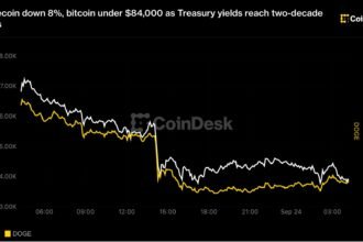 Dogecoin down 8%, bitcoin under $84,000 as Treasury yields hit highest level since 2007