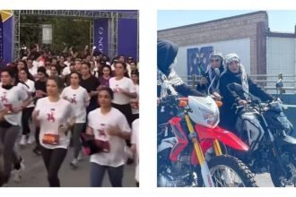 Contrast in Tehran as unveiled women race marathon alongside regime military display