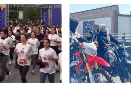 Contrast in Tehran as unveiled women race marathon alongside regime military display