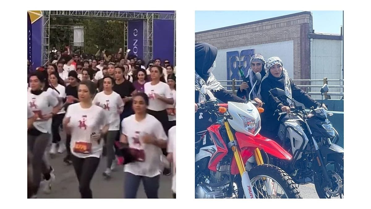 Contrast in Tehran as unveiled women race marathon alongside regime military display