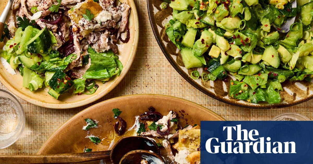 Sumac roast chicken and bread bake: Sami Tamimi’s fattet musakhan with cucumber avocado salad – recipe