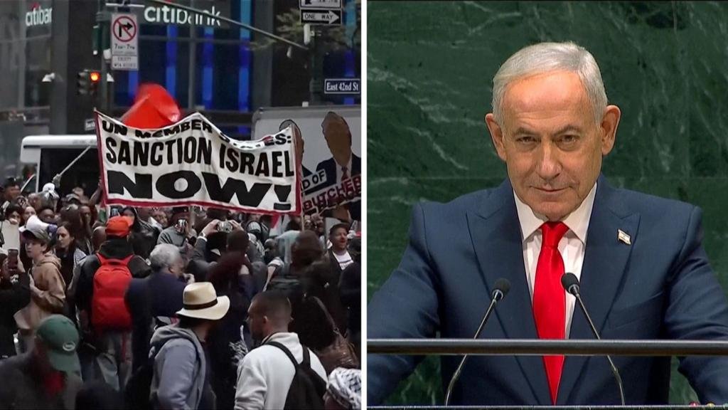 Watch: Protests and walkouts as Netanyahu addresses UN