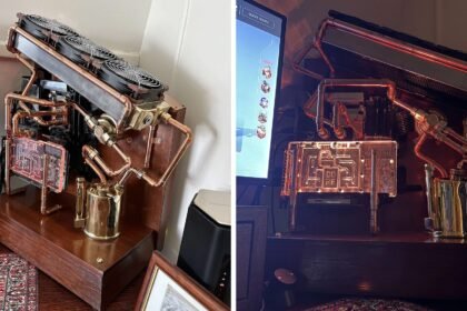 Fully custom copper PC features upcycled blowtorch reservoir — antique wooden pedestal complements steampunk design hiding a Ryzen 7 9800X3D, RX 9070 XT
