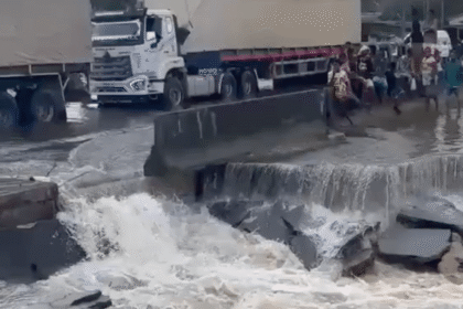 Rainwater washes away highway in Nigeria