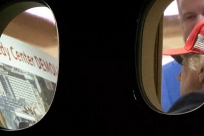 Photo shows Trump viewing pile of rubble under words, "Kennedy Center demolished"