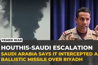 Saudi Arabia says it intercepted Houthi missile targeting Riyadh