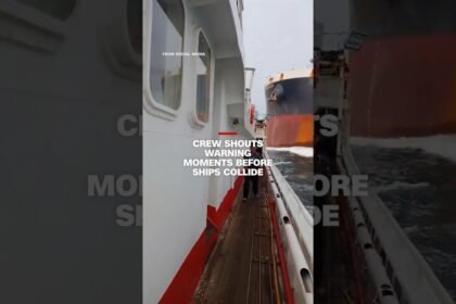 Crew shouts warning moments before ships collide