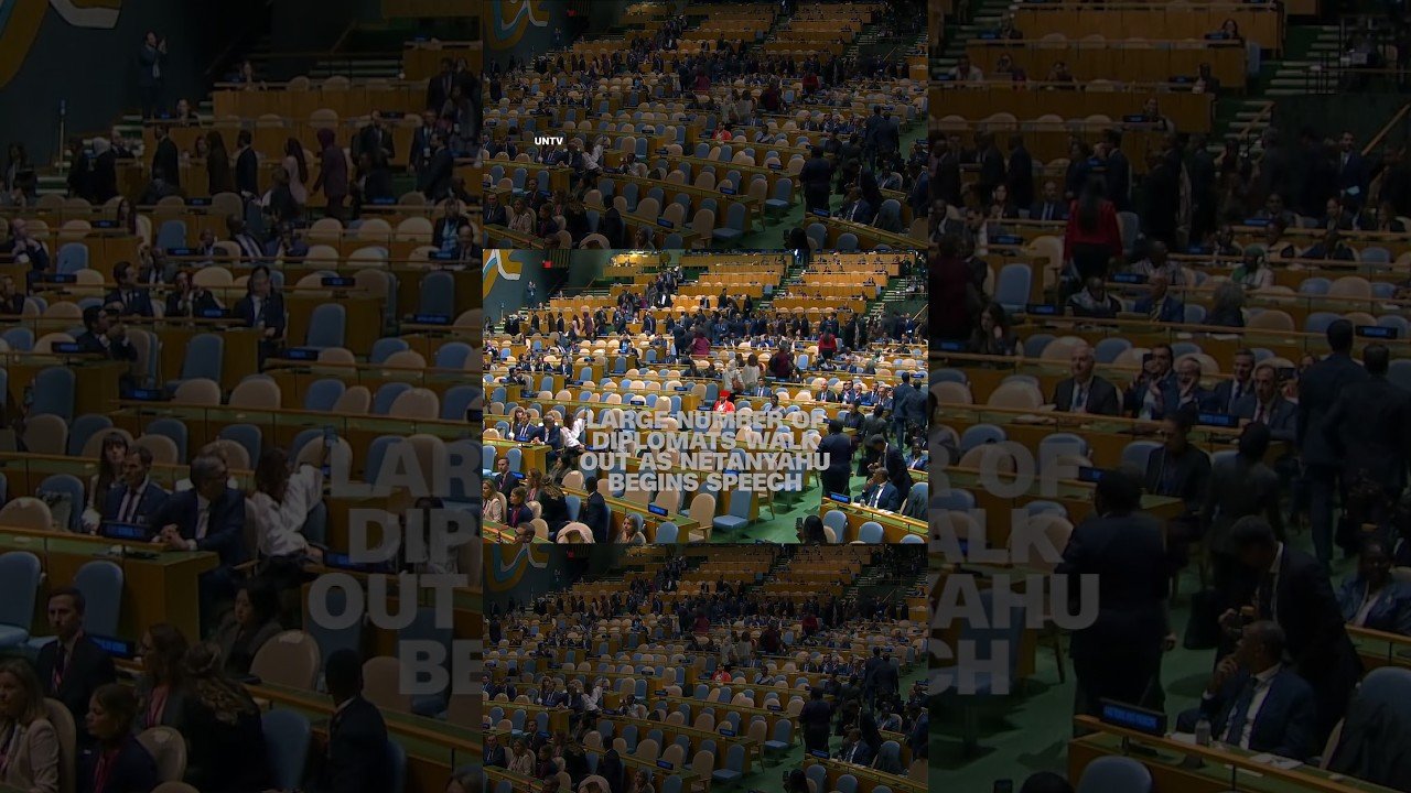 Large number of diplomats walk out as Netanyahu begins speech