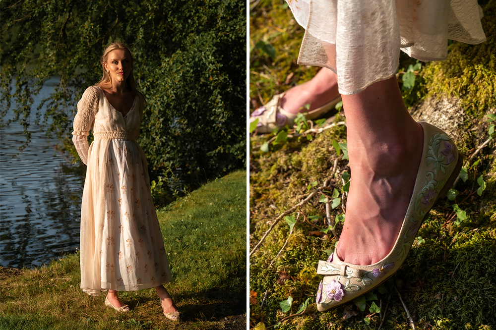‘Sense and Sensibility’ Inspires Handcrafted Apparel Collection From Designer Sarah Flint, Featuring Embroidered Heels and Painted Scarves