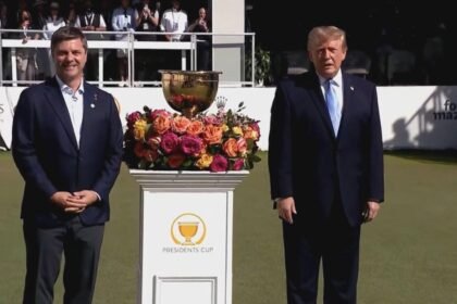 Trump attends Presidents Cup; dueling protests held outside country club