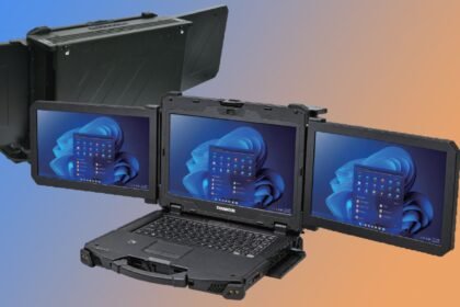 Durabook Z14I-DX3 rugged mobile workstation folds three screens into a 9.8 kg chassis