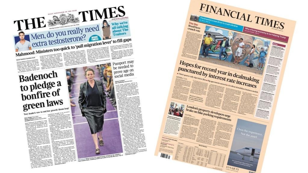 The Papers: Badenoch's 'bonfire of green laws' and 'Drop in global dealmaking'
