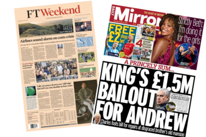 The Papers: 'Airlines sound alarm on costs crisis' and 'King's £1.5m bailout'