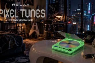 Portable Bluetooth CD player has a glow-in-the-dark transparent green finish, modern features