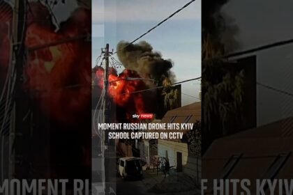 Moment Russian drone hits Ukrainian school captured on CCTV