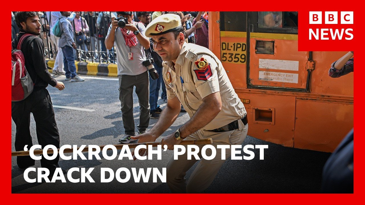 Police crack down on India 'cockroach' protest in Delhi | BBC News