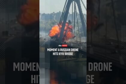 Moment a Russian drone hits Kyiv bridge