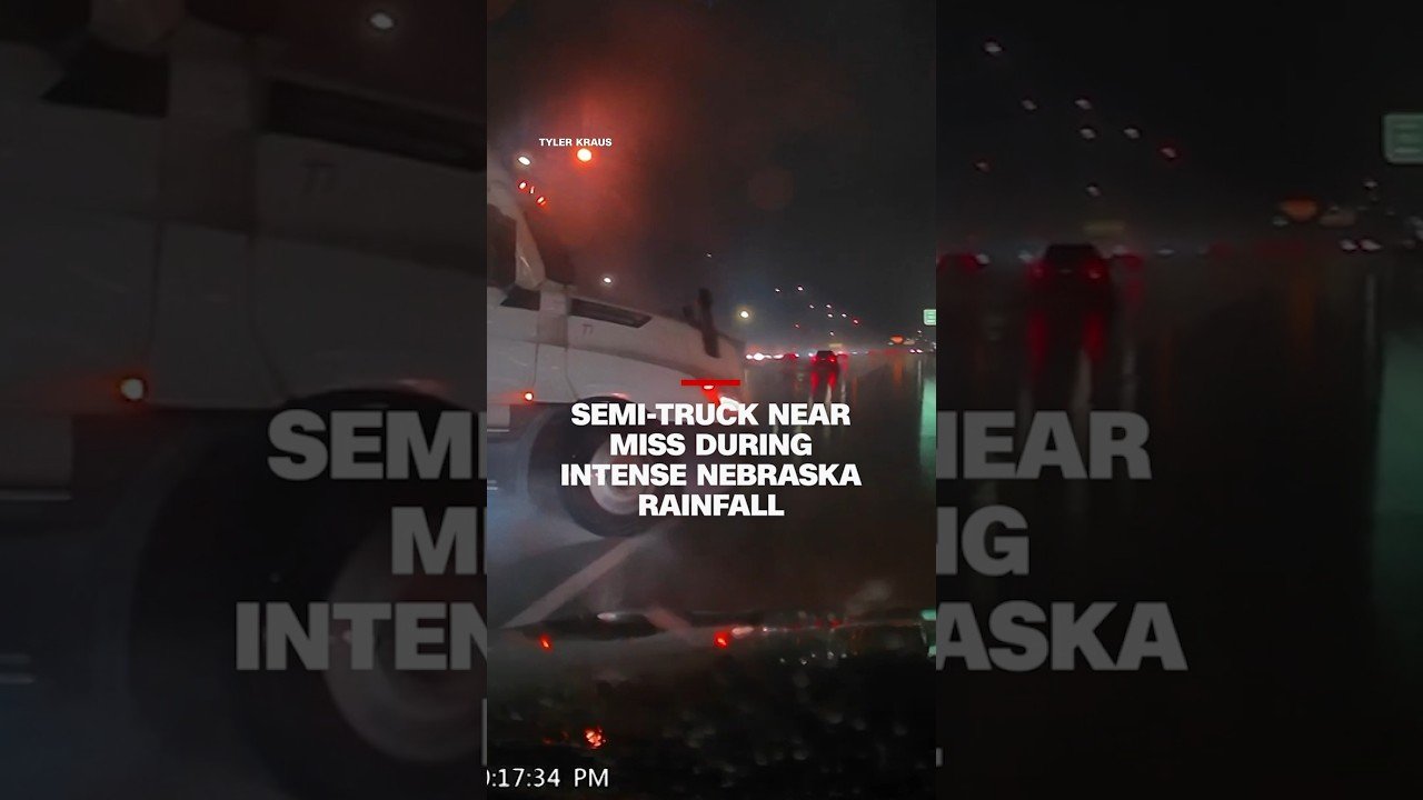 Semi-truck near miss during intense Nebraska rainfall